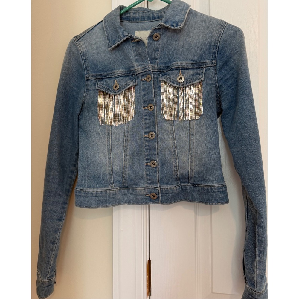 Jessica Simpson Rhinestone Fringe Denim Jacket Light Wash Cropped Small